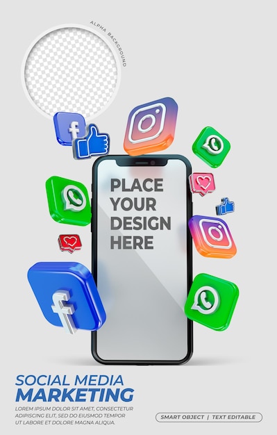 3d-pictogrammen voor sociale media met mockup voor mobiel scherm