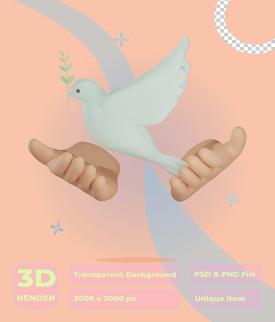 PSD 透明な背景を持つ3d鳩小枝手のイラスト