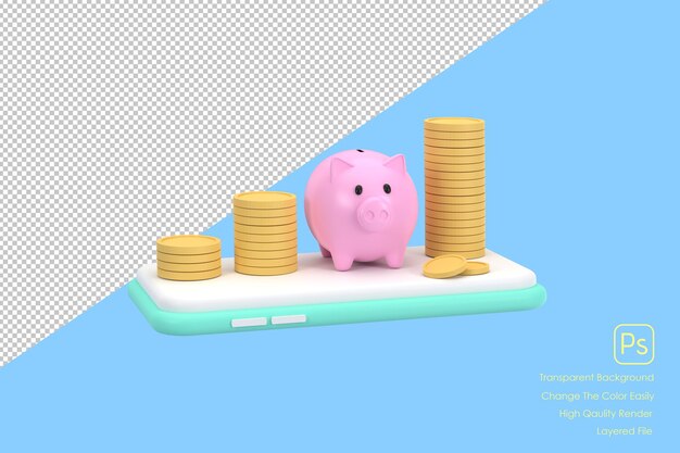 3D Piggy bank coins concept of financial managementxA