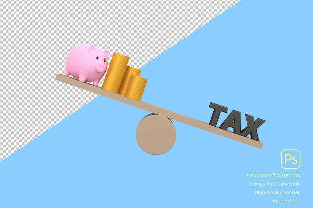 PSD 3d piggy bank golden money and wooden cube block tax on seesaw for unbalance government tax