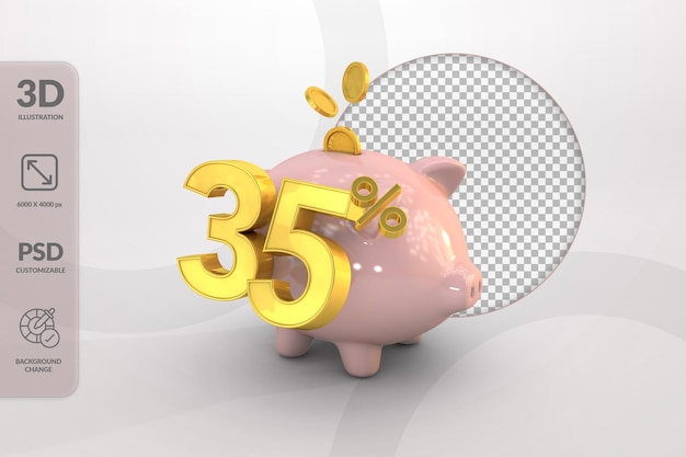 3D piggy bank with golden coin and number 35