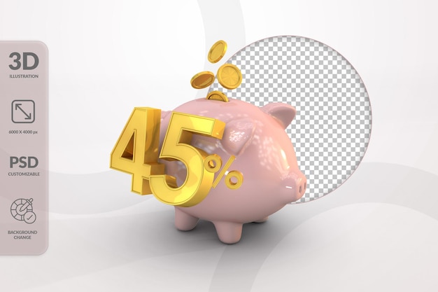 3D piggy bank with golden coin and number 45