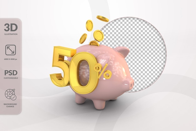 3D piggy bank with golden coin and number 50