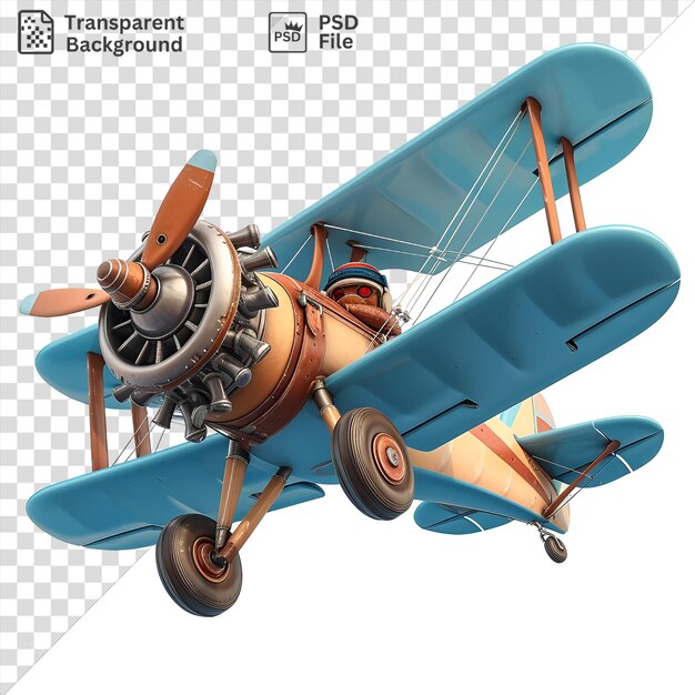PSD 3d pilot kreskówki latający vintage biplan z niebieskimi skrzydłami czarnymi kołami i pomarańczowym śmigłem