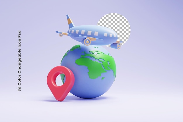 Icona dell'interfaccia utente del concetto di planata di viaggio della posizione del pin 3d o mappa del pin 3d con il viaggio dell'aereo di volo