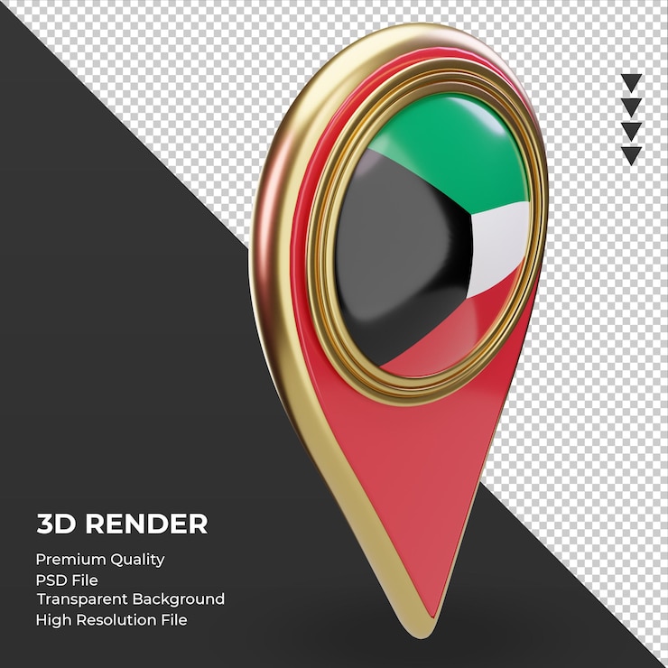 3d pin lokalizacji flaga kuwejtu renderująca widok z lewej strony
