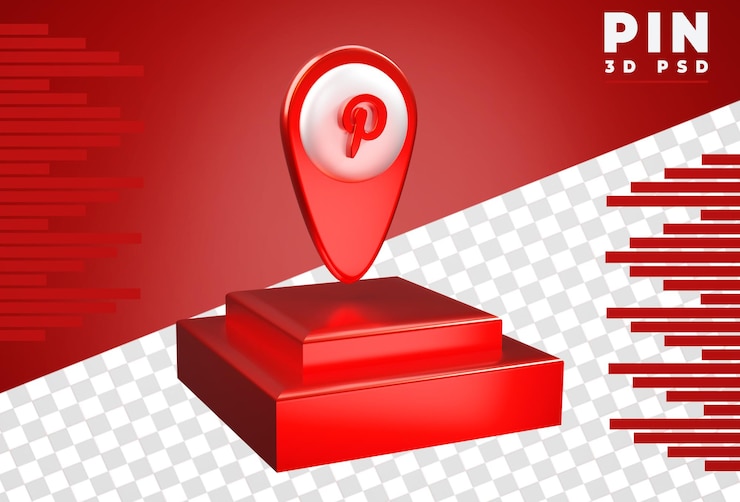 PSD 3d pin with metallic colored pinterst logo rendering isolated