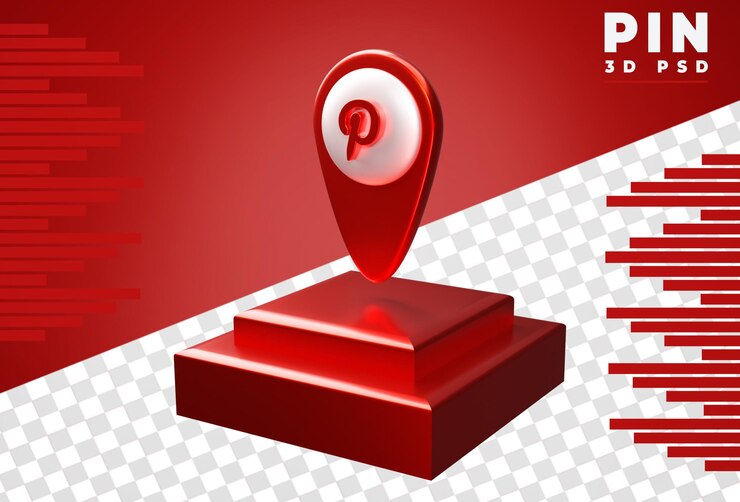 PSD 3d pin with metallic colored pinterst logo rendering isolated