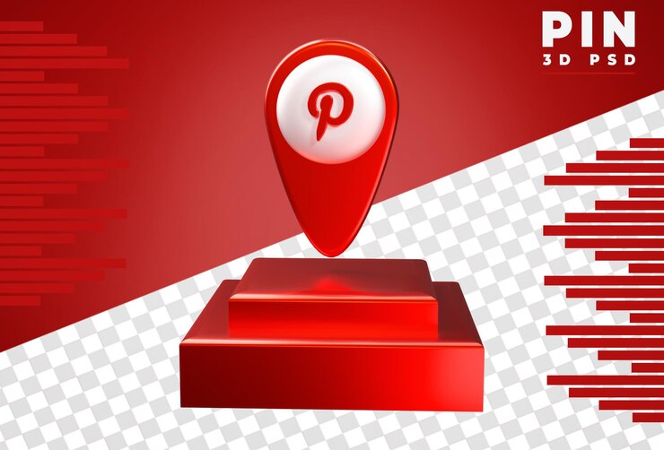 PSD 3d pin with metallic colored pinterst logo rendering isolated