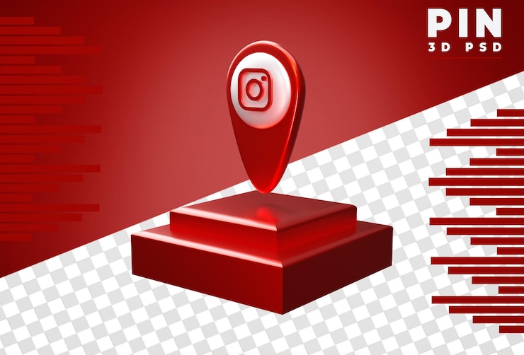 PSD 3d pin with red metallic colored instagram rendering isolated