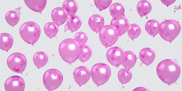 PSD 3d palloncini rosa coriandoli galleggianti isolati per il mockup di sfondo di buon compleanno