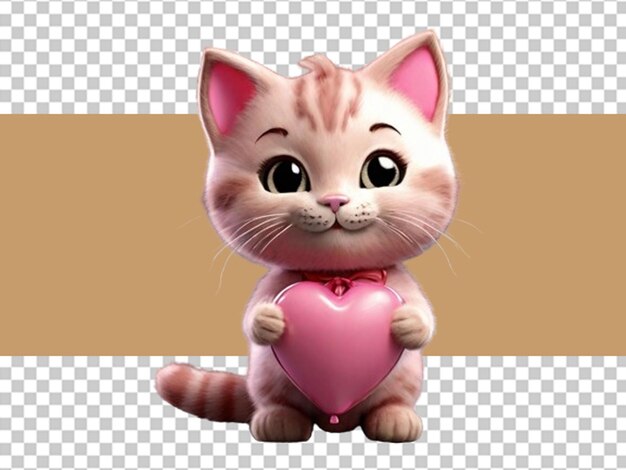 PSD gatto rosa in 3d che tiene un palloncino rosa a forma di cuore