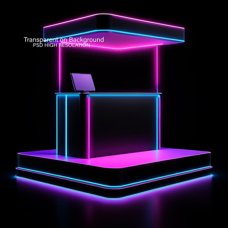 PSD 3d pink neon light podium bg glow game platform on transparent background