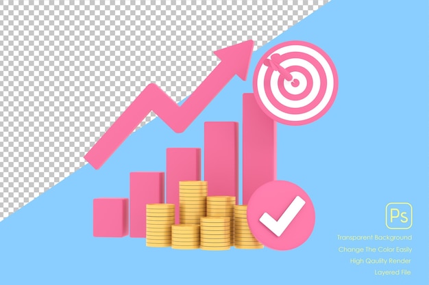 PSD 3 d のピンクの上昇矢印利益棒グラフとコインの複数の配置を持つシールド