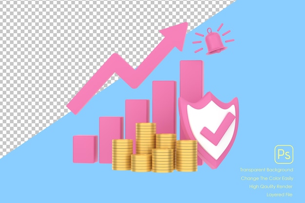 Grafico a barre e scudo del profitto della freccia rosa in aumento 3d con più disposizioni di monete