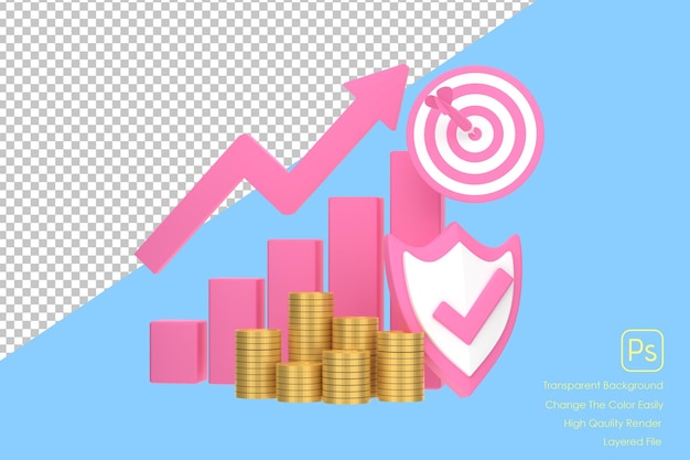 3D Pink rising arrow profit bar graph and shield with multiple arrangements of coins