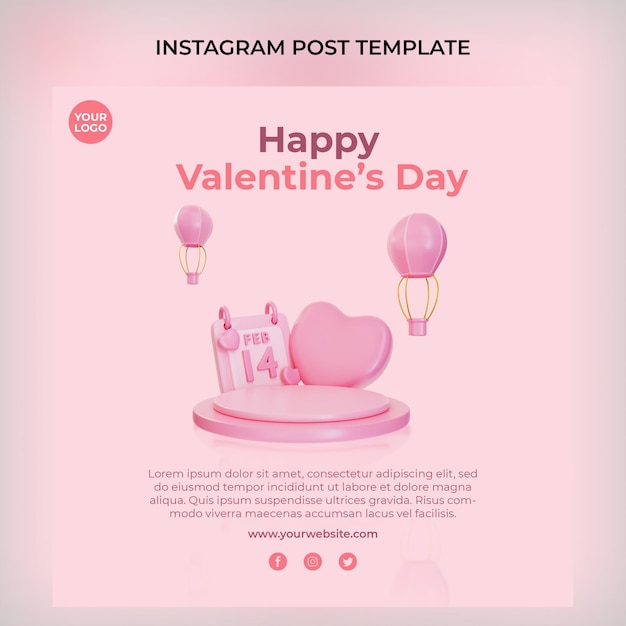 3dピンクバレンタイン表彰台instagram投稿テンプレートプレミアムpsd
