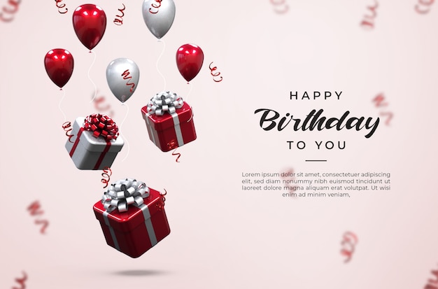 3d pink and white shiny balloons, gifts boxes and confetti mockup