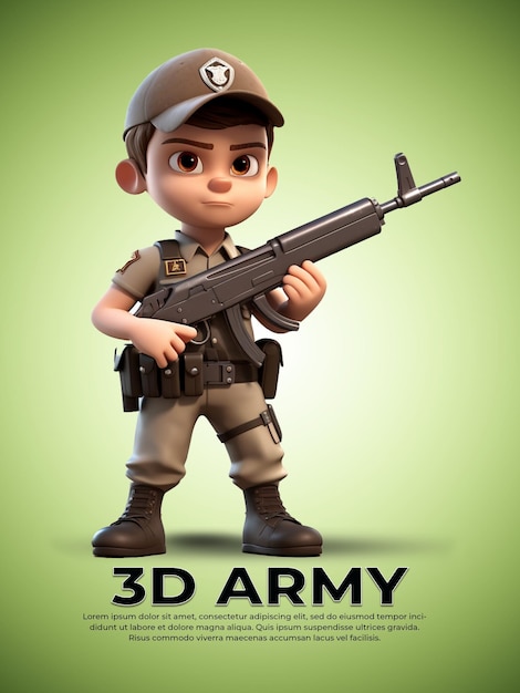 3D pixar character of young army