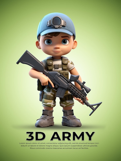 PSD 3d pixarkarakter van jong leger