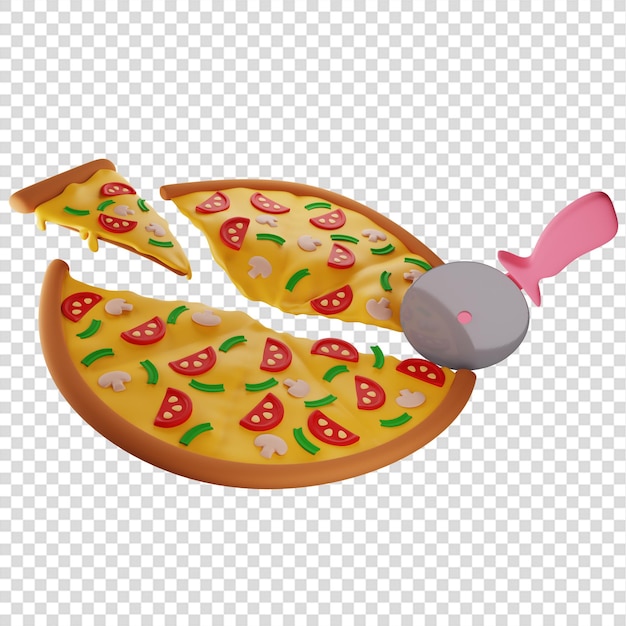 3D pizza med sopp kuttet med en pizzakniv i forskjellige aksjer utbytte konsept