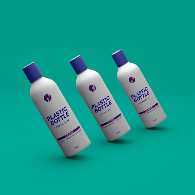 3d plastic bottles at angle mockup for beauty products. Side view