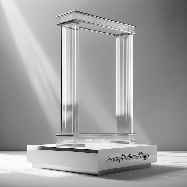 PSD 3d płynne szkło filarowe podium stojące z realistycznym metalowym chromem białym etapem prezentacji produktu.