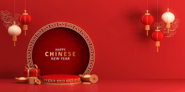 3d podium for happy chinese new year 2022 on red color background