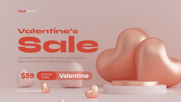 PSD 3d podium for product placement in valentines day with decorations in white and gold hearts horizont