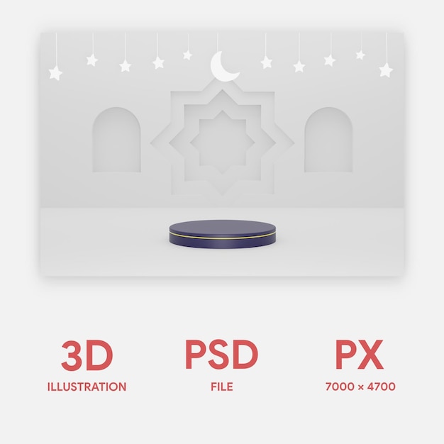 PSD 3d podium in ramadan white ornament islamic background with stars and crescent white color psd