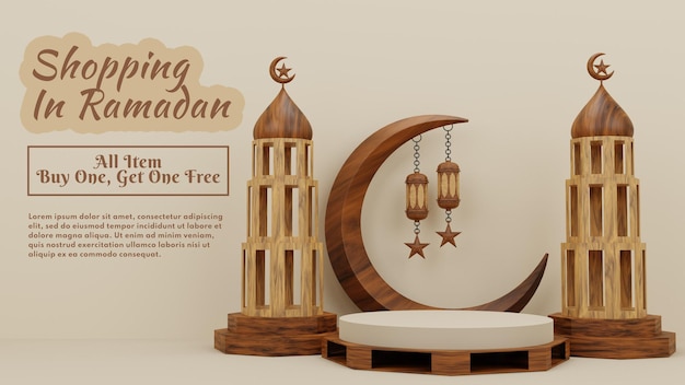 Shopping del podio 3d in ramadan con l'oggetto della torre della moschea