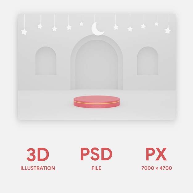 3d podium w ramadanie białym ornamentem islamskim tle z gwiazdami i białym półksiężycem 3d psd