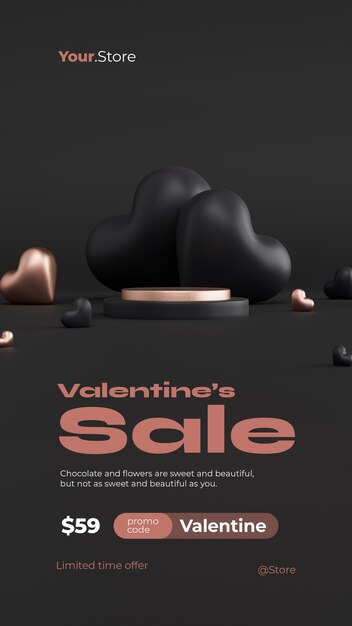 PSD 3d podium with black and gold hearts for product placement in valentines day