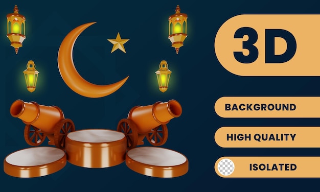 3d podium with canon and lantern and moon and star illustration