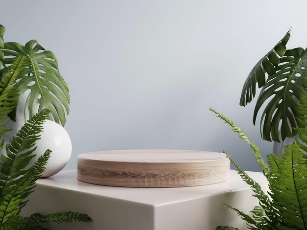 3d podiumontwerp en mockup voor een set witte knikkers met een plant erop