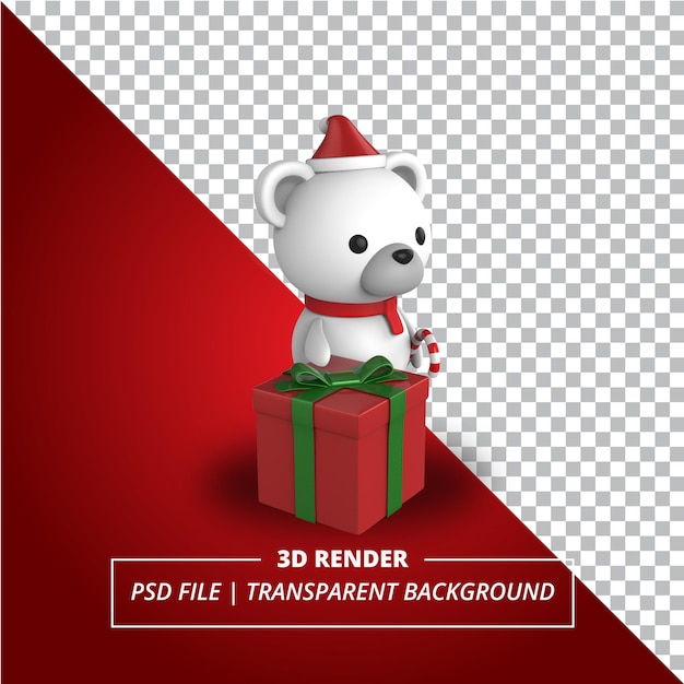 3D Polar Bear with a gift box on Transparent Background
