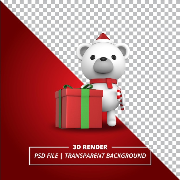 3d polar bear with a gift box on transparent background