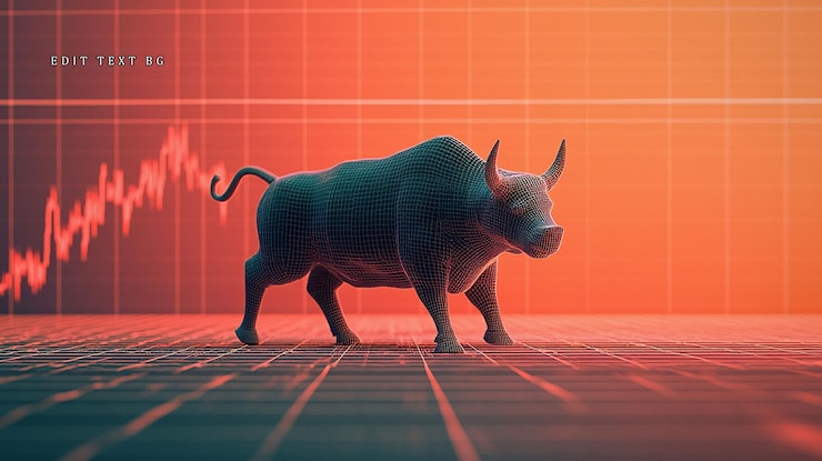 PSD 3d polygonal bull market symbol on stock chart background