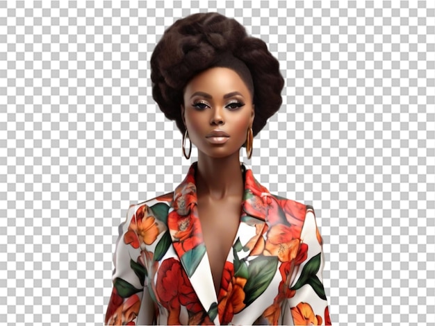 PSD 3d portrait of beautiful african woman in floral coat on transparent background