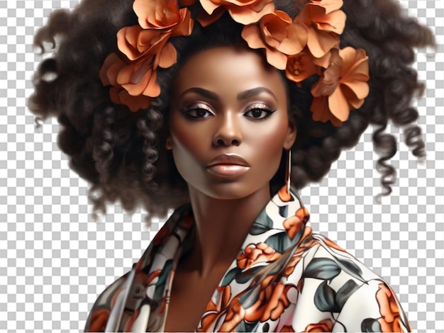 PSD 3d portret pięknej afrykańskiej kobiety w kwiatowym płaszczu na przezroczystym tle