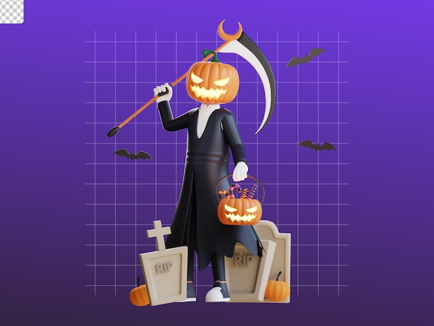 3d postać halloween jack lantern ilustracja z grobem i kosą