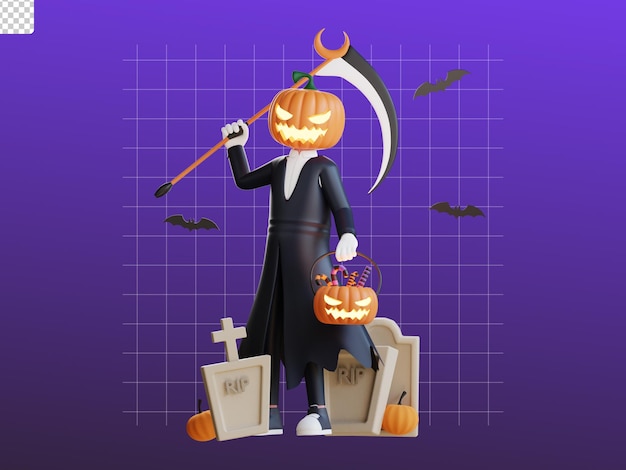 PSD 3d postać halloween jack lantern ilustracja z grobem i kosą