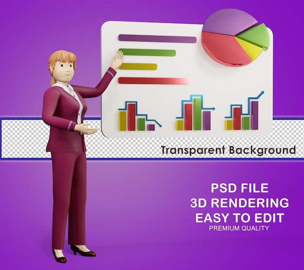 3d Postać Kobieca Przedstawiająca Wykresy Prezentacji Biznesowych Plik Psd