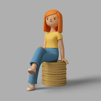 3d postać kobieca siedzi na stosie monet