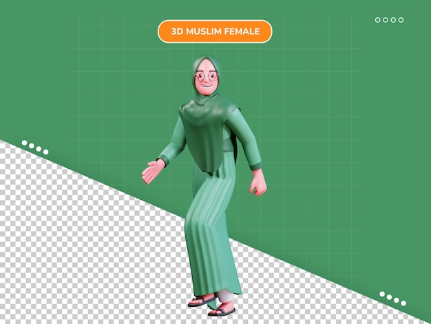 3d Postać Muzułmańska Kobieta Z Zieloną Odzieżą Chodzącą Pozę