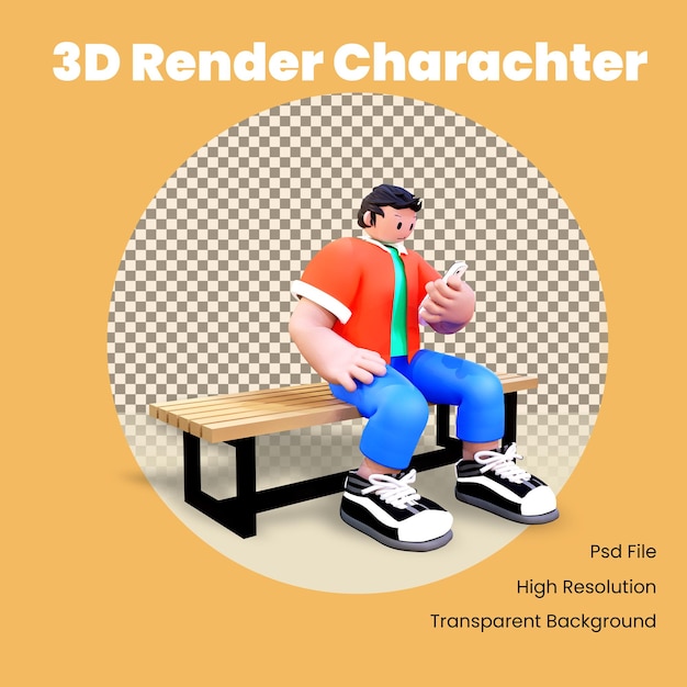 PSD 3d postać sprawdzająca telefon na ławce