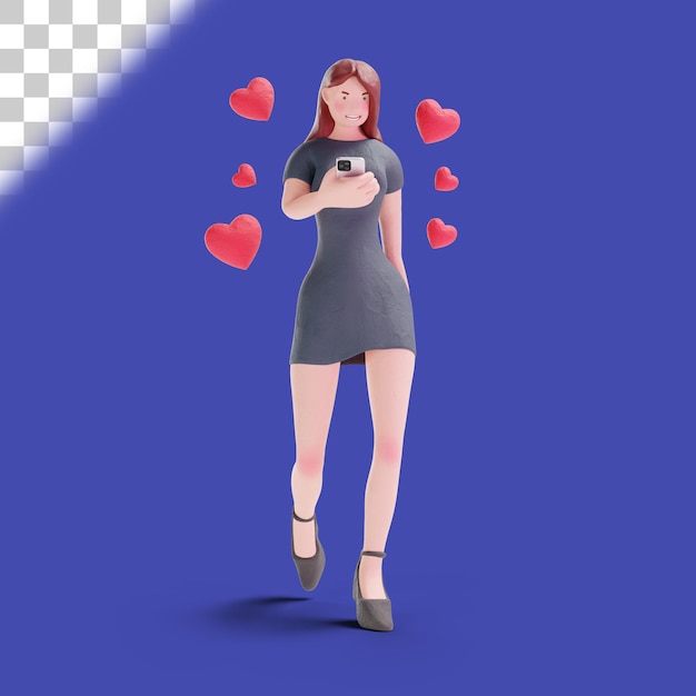 携帯電話を持って恋にドレスを着た3dきれいな女性