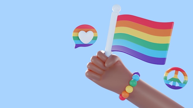 PSD 3d pride background with hand holding rainbow flag