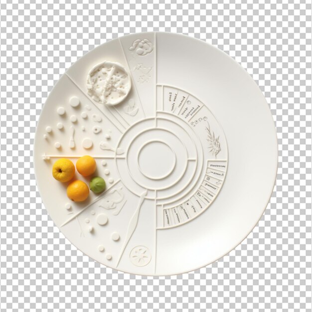 A 3D printed plate with portions marked for a balanced diet on white background