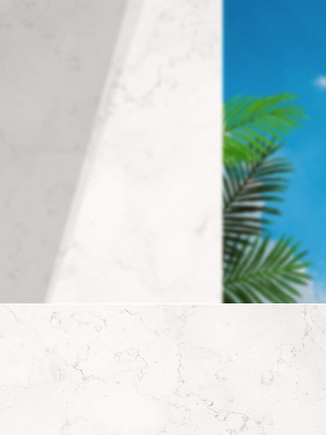 PSD 3d product presentation marble background psd with marble podium and palm leaf